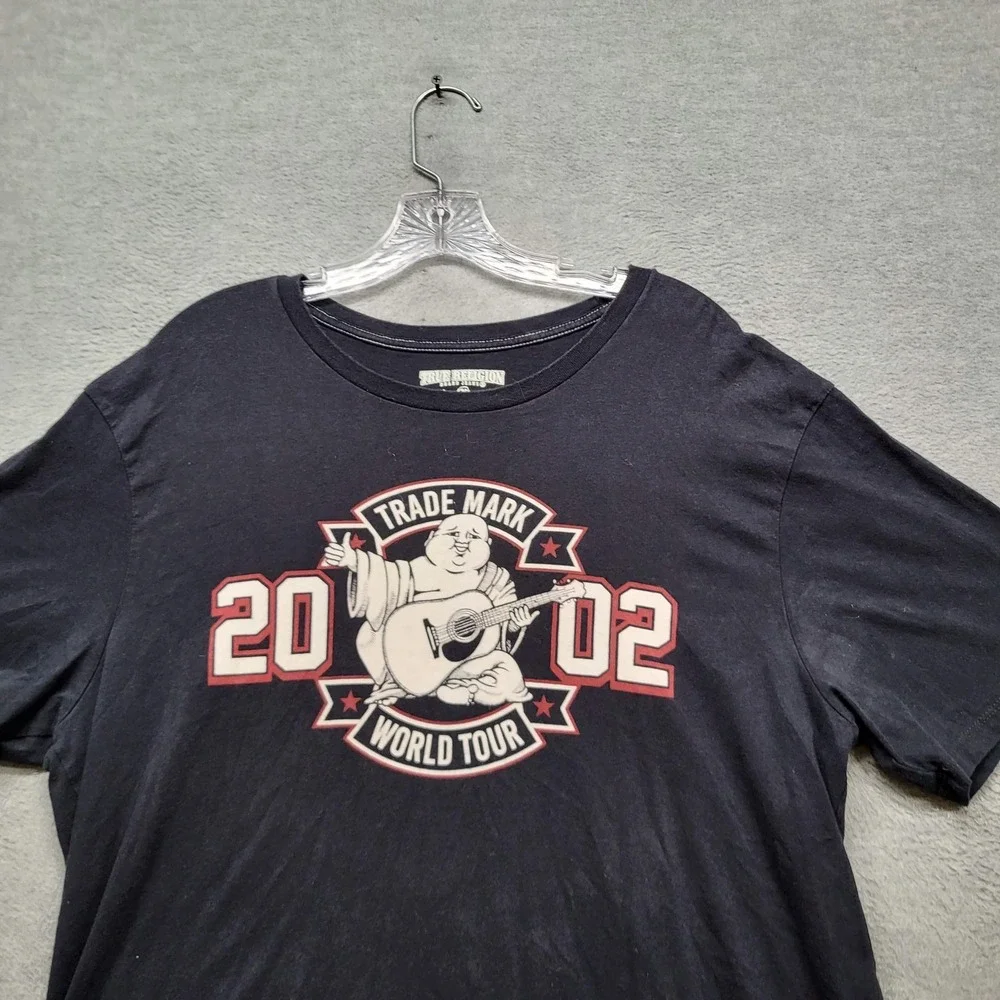 True Religion Men Shirt XL Black Graphic Print Buddha Guitar Banner SS
